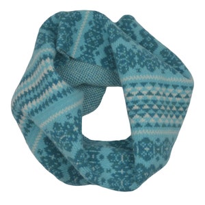 Fair isle snood cowl scarf. neck warmer. Aqua turquoise blue teal