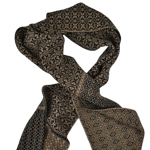 Fair isle Scottish lambswool &quot;Rubislaw&quot; knitted winter scarf - black, camel. wool muffler