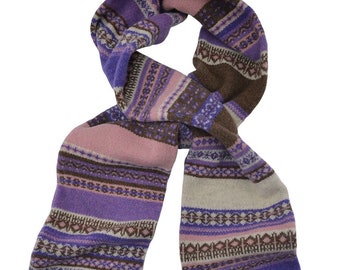 Fair isle Scottish lambswool "Clyde" knitted winter scarf - Purple, pink, brown, beige. Scarf for her, womens scarves