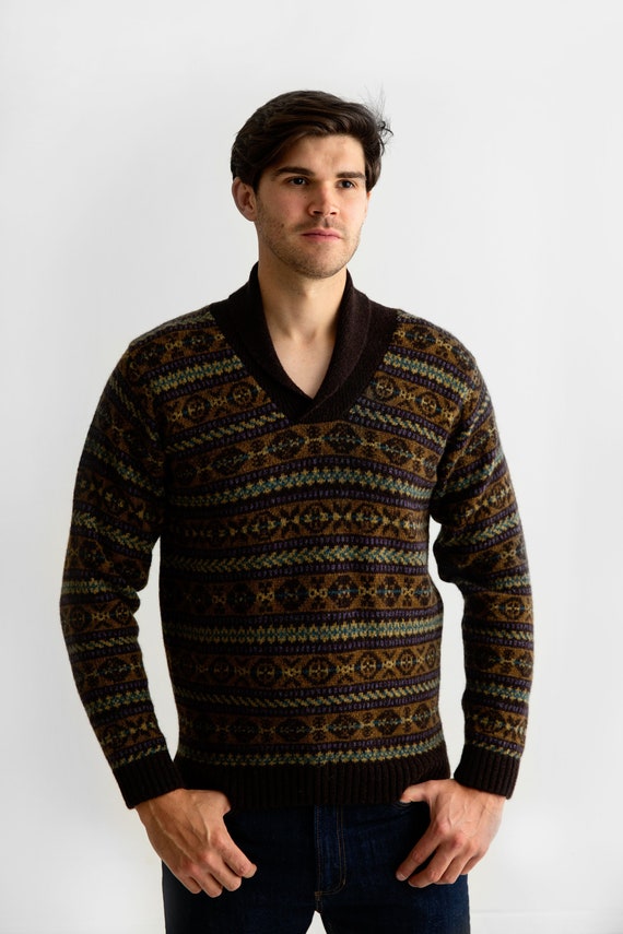 TheCroftHouse 4 Colours. Mens Fair Isle Shawl Collar Jumper Sweater Navy Blue Red Green Grey Brown BEIGE. Shetland Character Wool. Lerwick Pattern