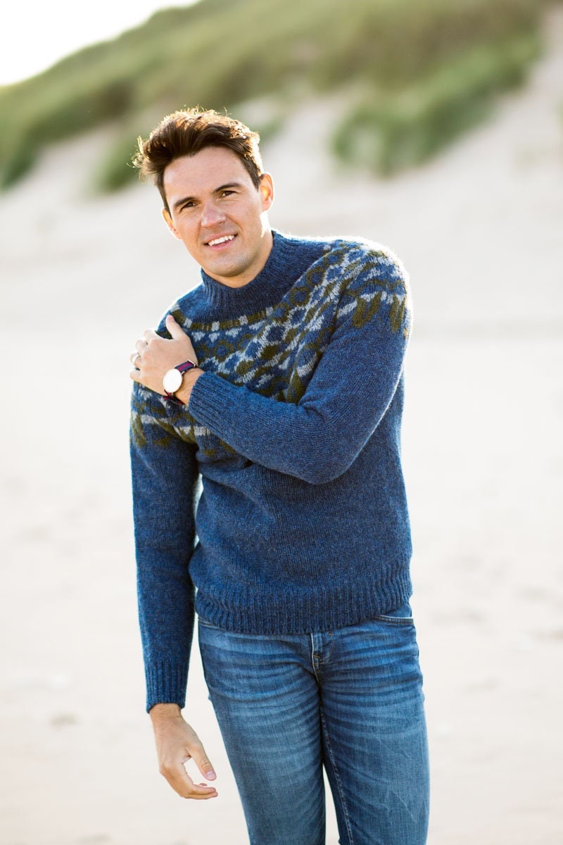 5 Colourways. Mens Fair Isle Jumper Yoke Blue, Navy, Brown 5 Colourways. Mens Fair Isle Jumper Yoke Blue, Navy, Brown