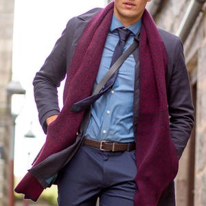 Fair isle Scottish lambswool &quot;Rubislaw&quot; knitted winter scarf - navy, blue, burgundy, wine. wool muffler