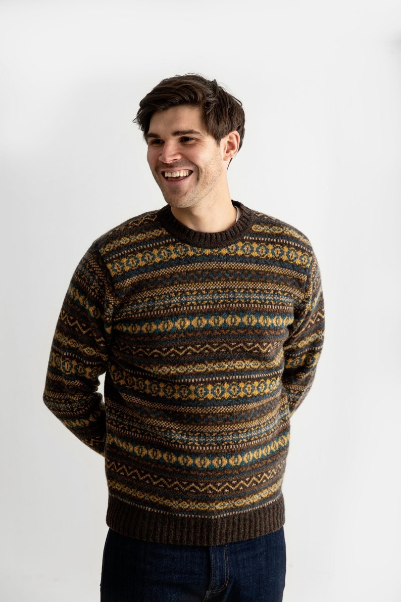 brown wool mens fair isle jumper sweater with patterns in mustard yellow and teal