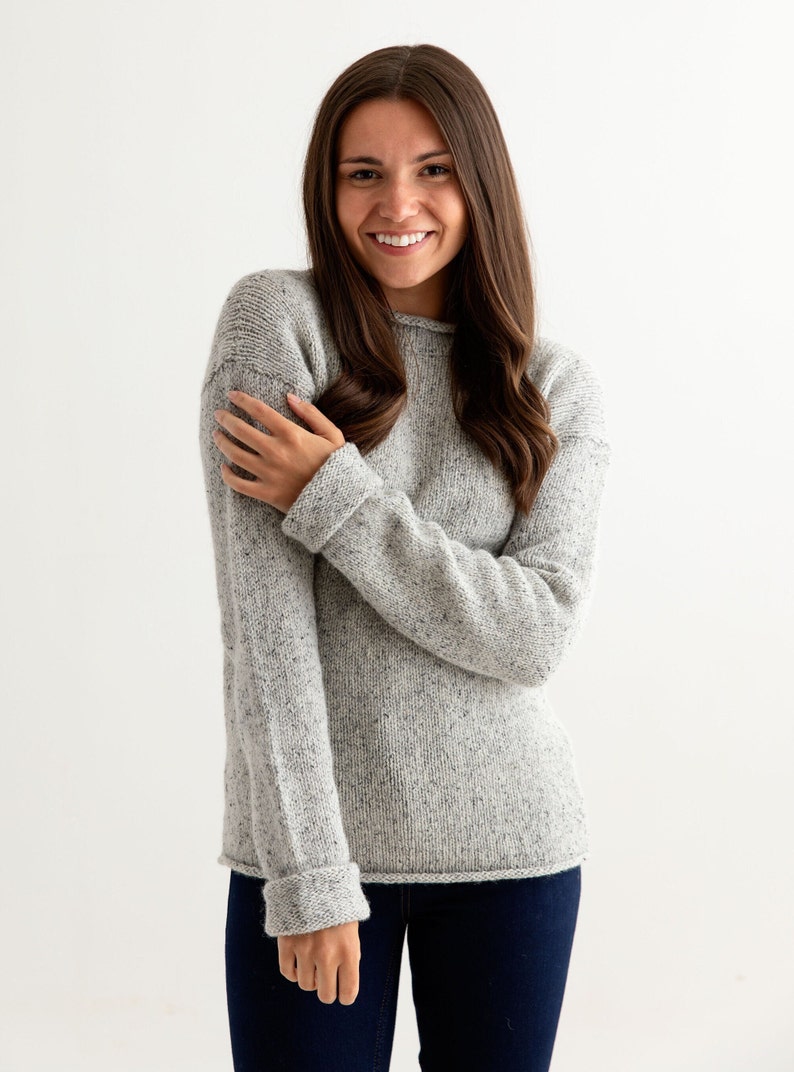 Womens chunky Scottish wool jumper in limestone grey with feature cuff