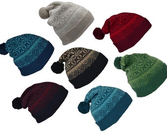 7 colourways. Fair isle ski hat, winter hat, pom pom hat, bobble hat. teal, red, black, camel, blue, navy, turquoise, green, beige, white