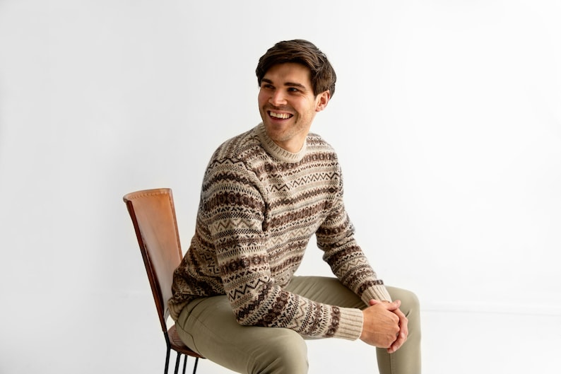 Mens fair isle sweater in neutral browns and beige Scottish wool.