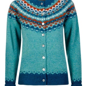 Aqua Crathie pattern fair isle yoke cardigan sweater. Aqua with teal, orange and white pattern.