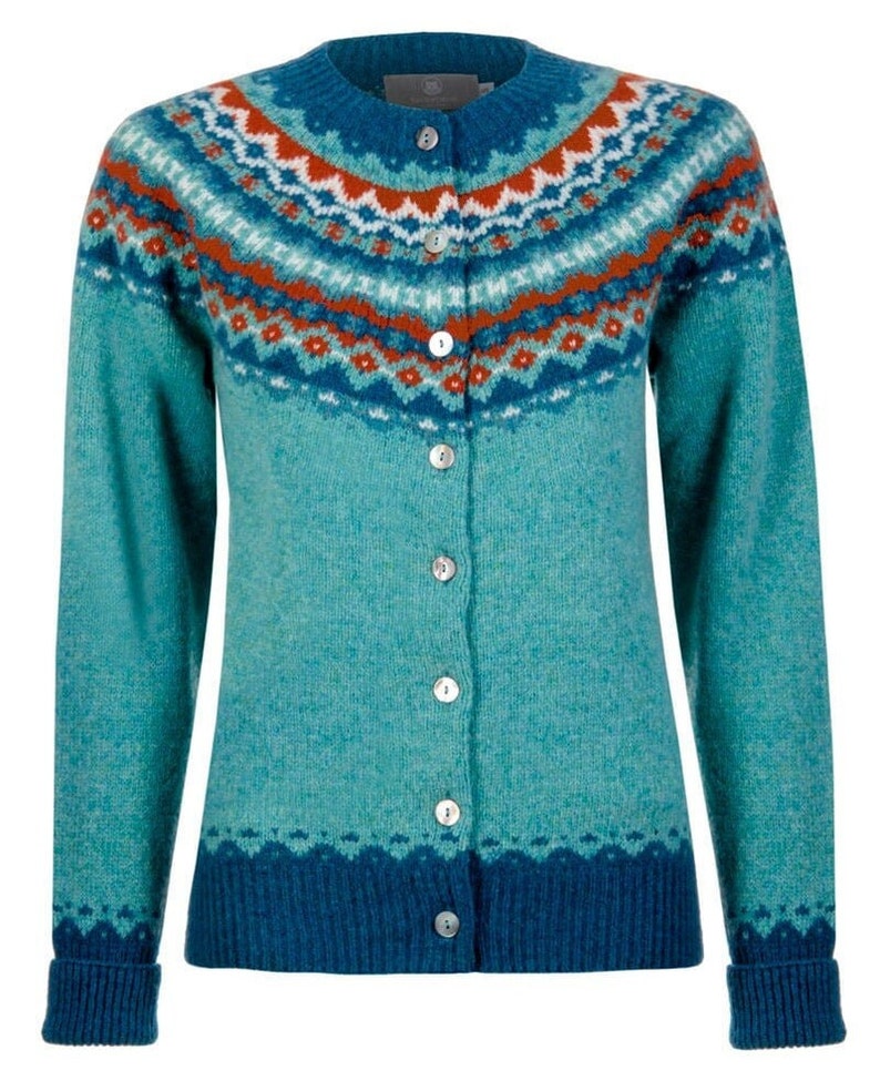 Aqua Crathie pattern fair isle yoke cardigan sweater. Aqua with teal, orange and white pattern.