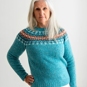 7 colours. Womens Fair isle jumper sweater wool Red, Aqua, Rust, Purple, Grey, Navy, Blue, Orange Ladies Croft yoke pullover. scottish