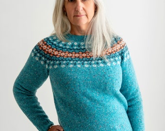 7 colours. Womens Fair isle jumper sweater wool Red, Aqua, Rust, Purple, Grey, Navy, Blue, Orange Ladies Croft yoke pullover. scottish