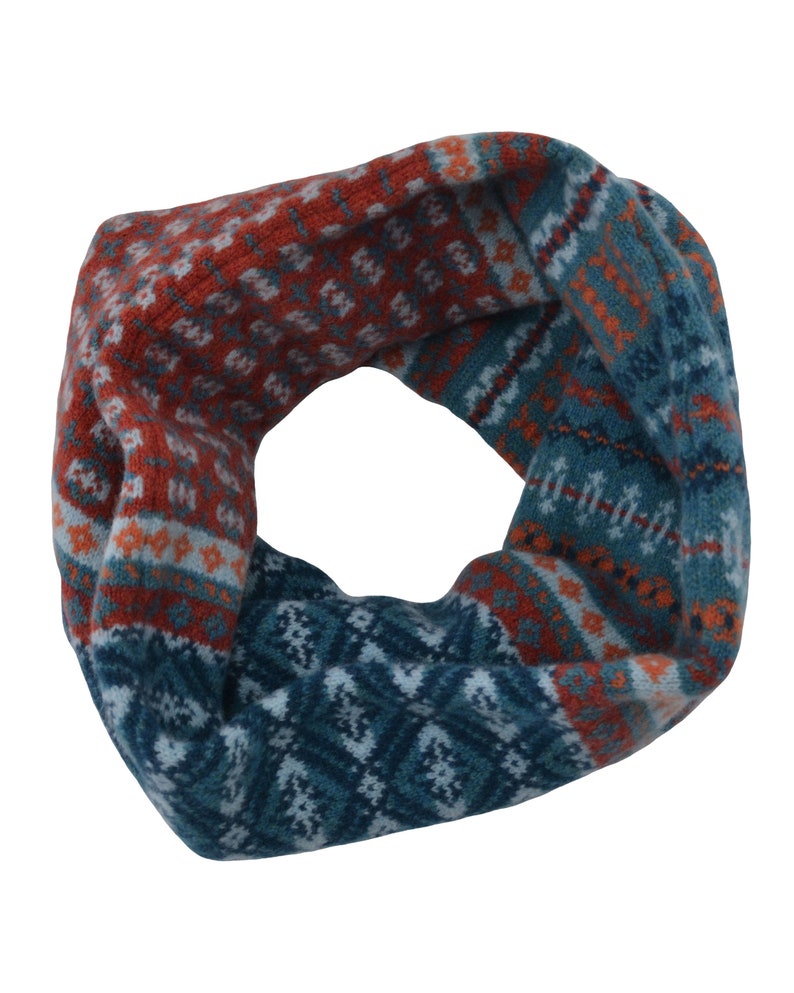 Fair isle snood cowl scarf. neck warmer. Teal, orange, blue, turquiose image 2