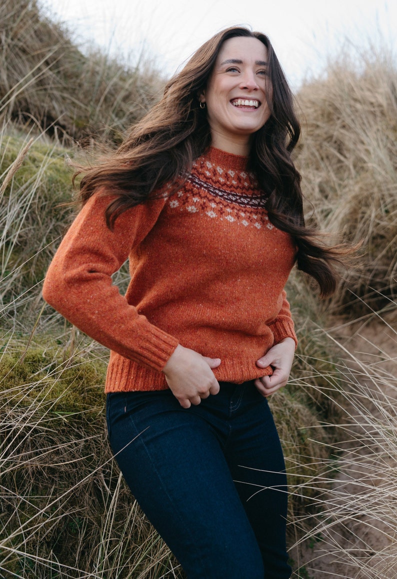 Orange fair isle yoke jumper in donegal wool