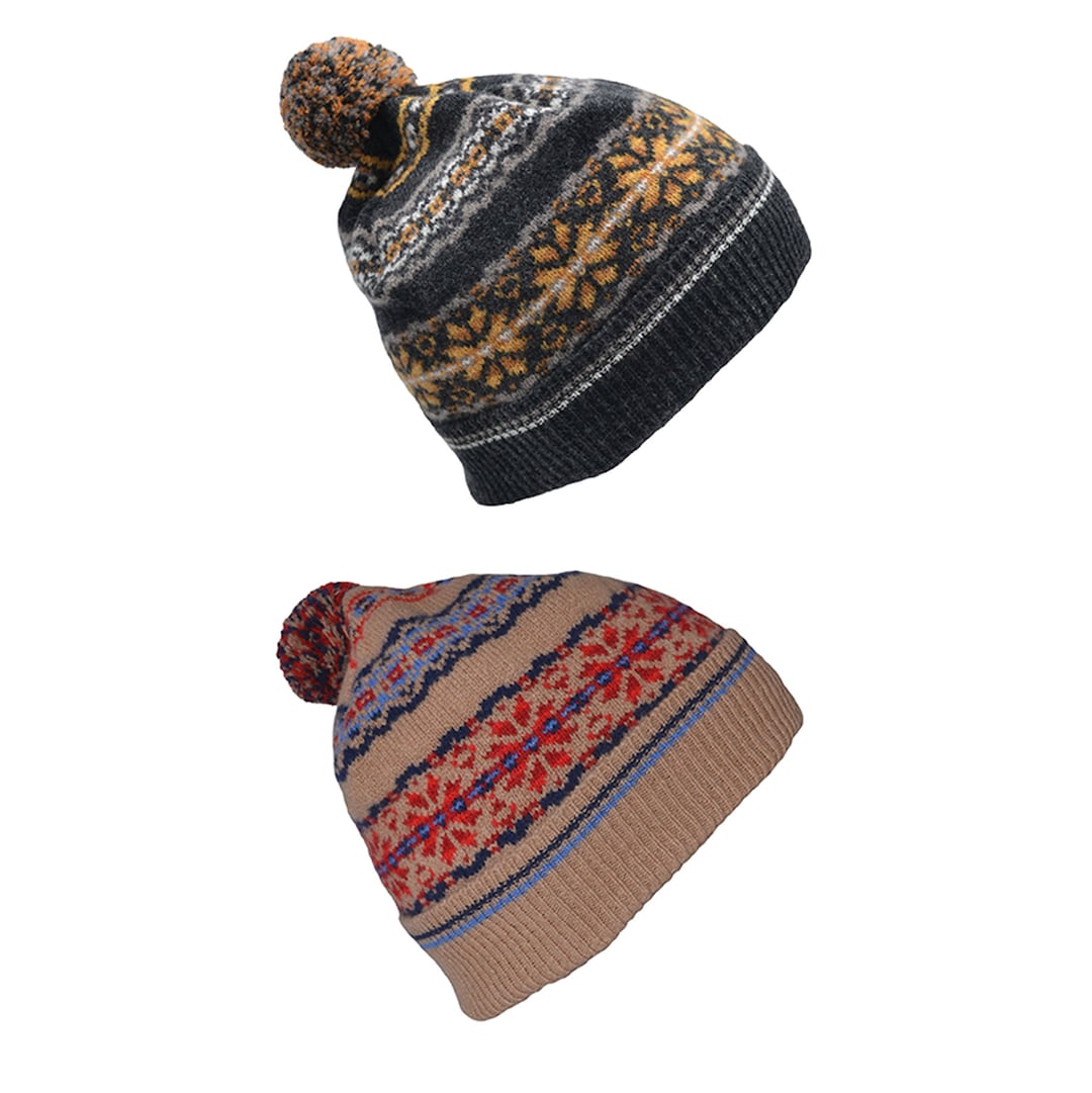Colourways: Fair Isle Lambs Wool Ski Hat With Pom Scalloway