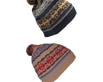 2 colourways: Fair isle lambs wool ski hat with pom pom. Scalloway pattern. Camel, Grey, Charcoal, Gray, hat for him, mens hat, gift for man