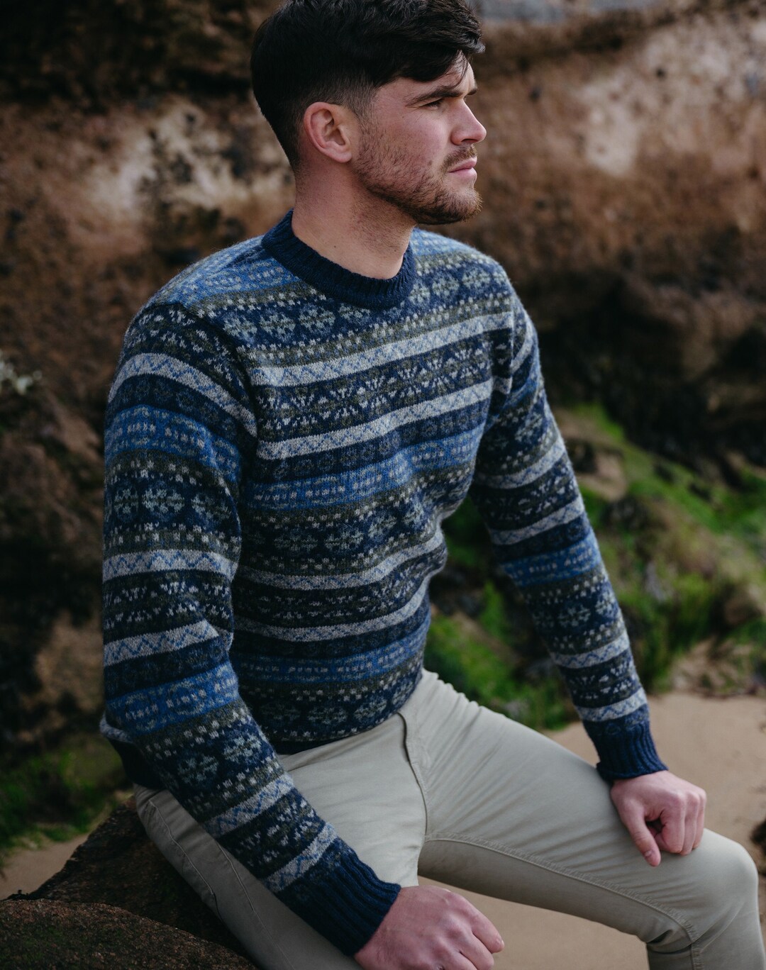 3 Colourways. Mens Fair Isle Jumper Sweater. Crew Neck. Brown, Blue