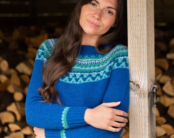 4 colourways. Womens fair isle jumper sweater. Yellow, teal, blue, mustard "Lido" pattern. Shetland character wool yarn