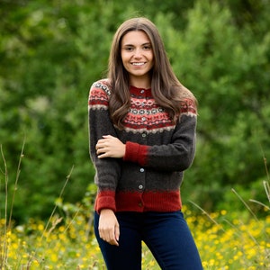 Model wearing Brown Crathie fair isle cardigan. Pattern in russet red, beige and pink.