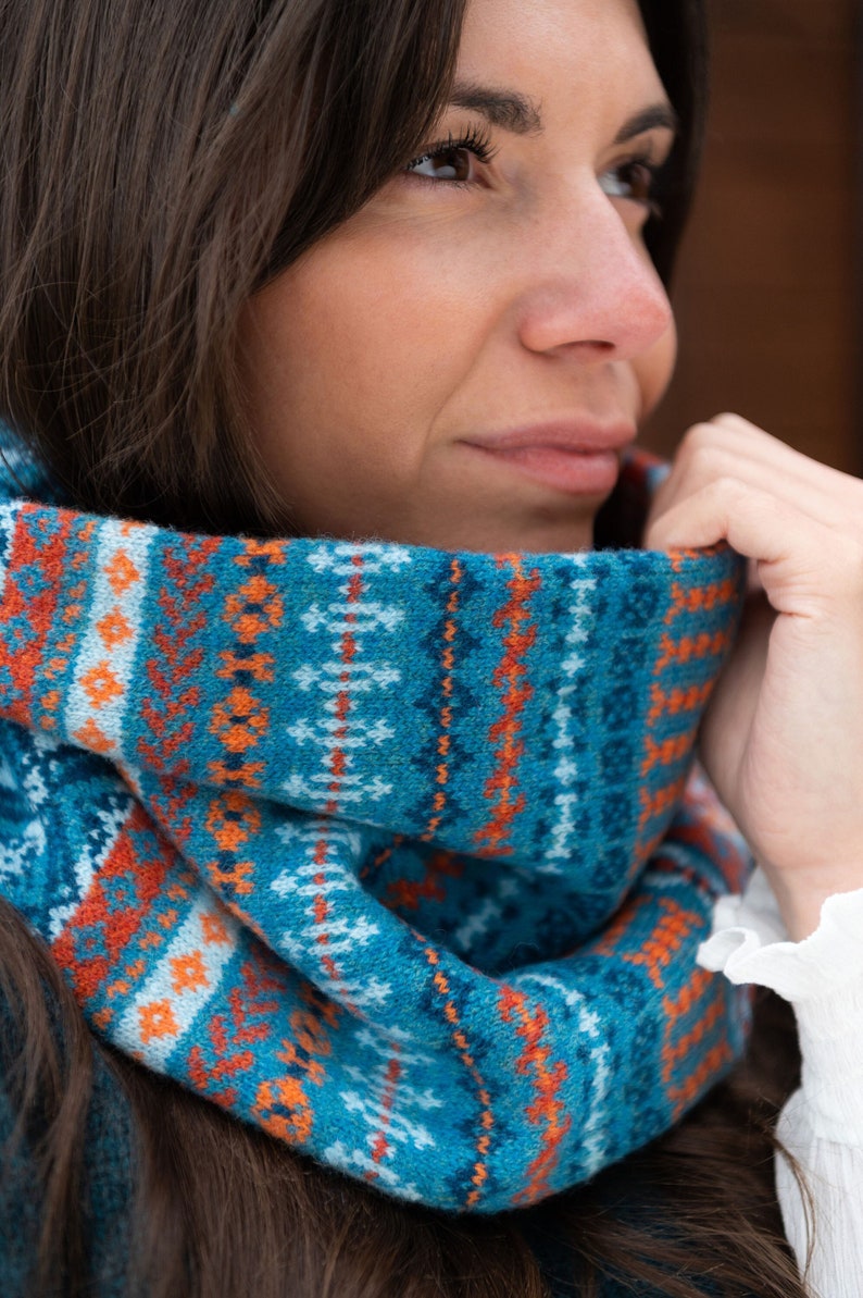 Fair isle snood cowl scarf. neck warmer. Teal, orange, blue, turquiose image 1