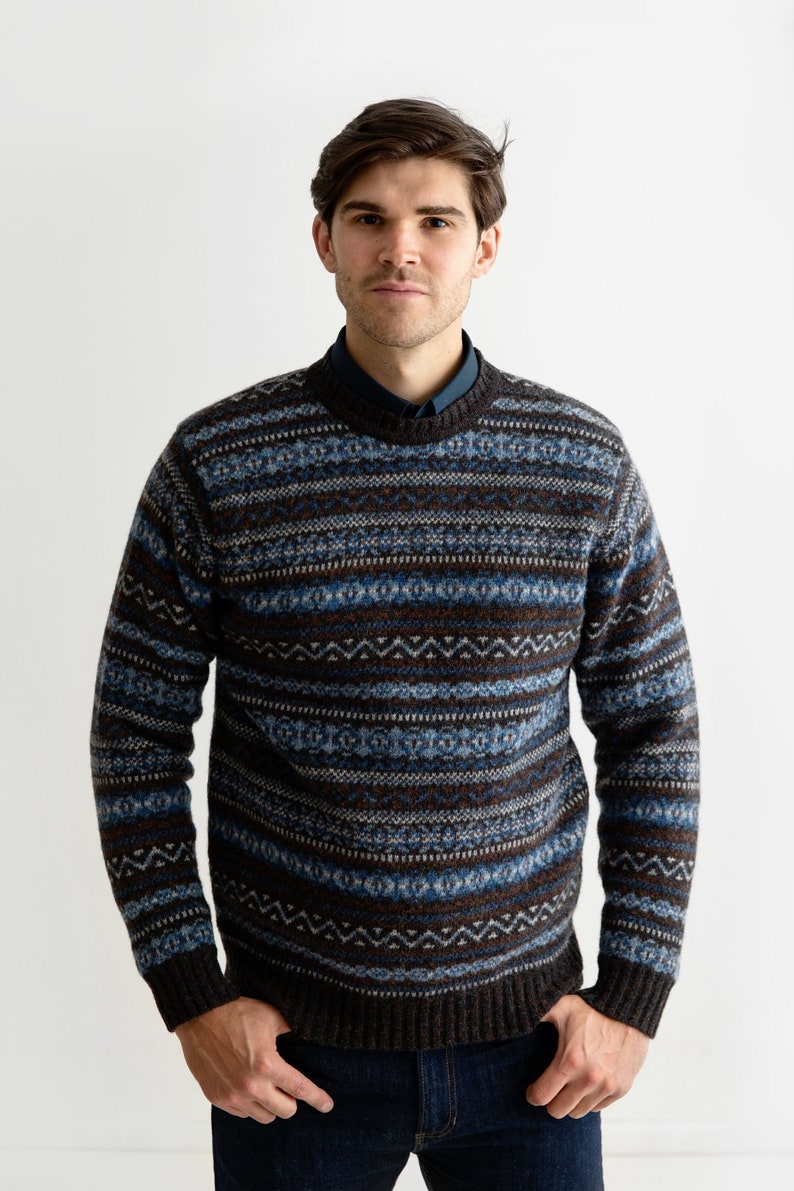 Mens fair isle Scottish wool jumper. Kinnaird pattern sweater in blue and brown colourway