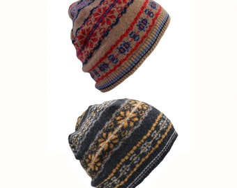 2 colourways: Fair isle lambs wool beanie hat. Scalloway pattern. Camel, Grey, Charcoal, Gray, hat for him, mens hat, gift for man, mans hat
