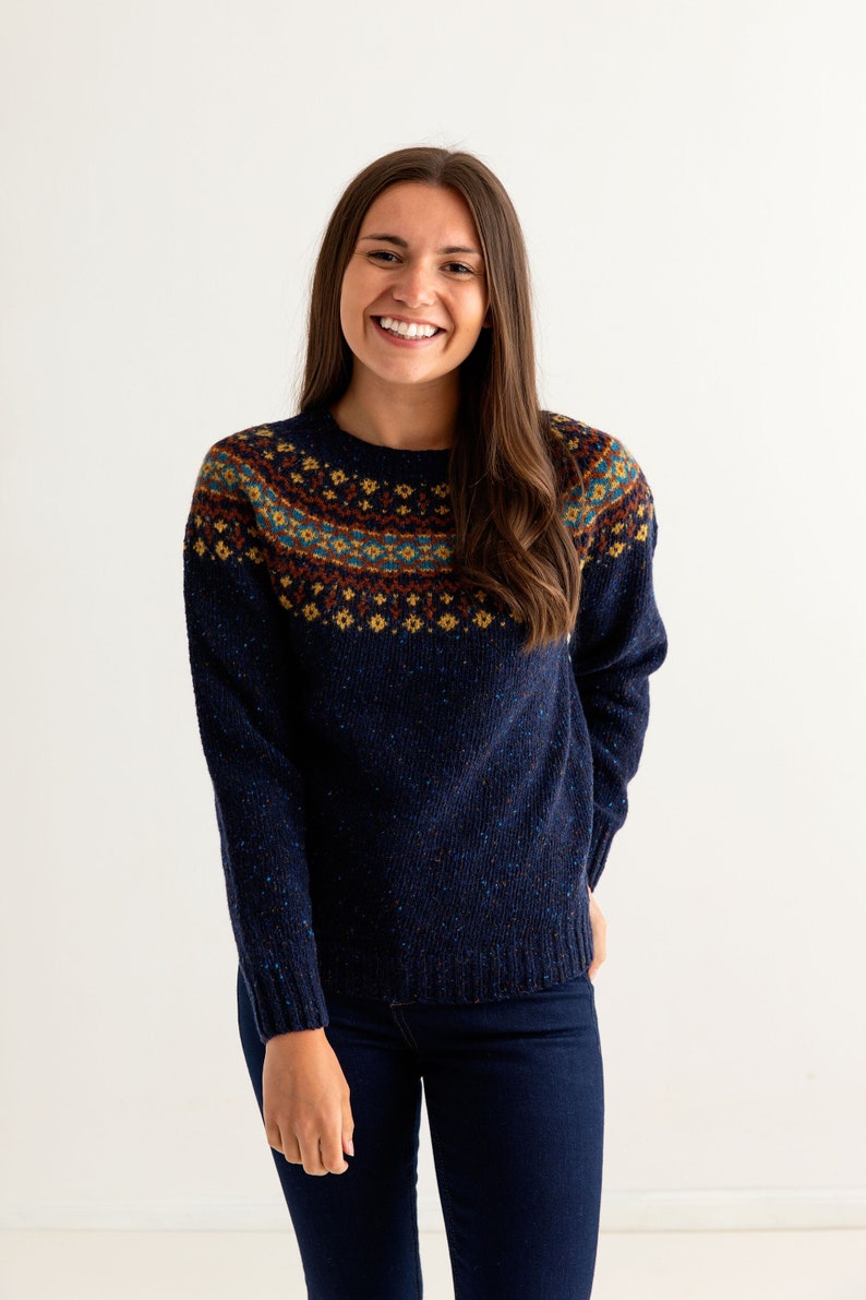 9 colours. Womens Fair isle jumper sweater wool Red, Aqua, Rust, Purple, Grey, Navy, Blue, Orange Ladies Croft yoke pullover. scottish Navy Blue