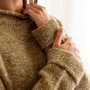 Ladies chunky wool jumper sweater with feature cuff in ochre yellow marl