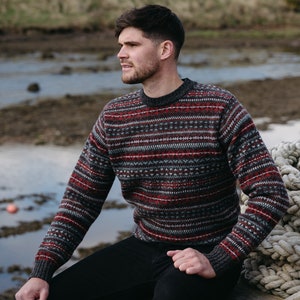 mens fair isle jumper sweater in mid grey with patterns in dark reds and sage green