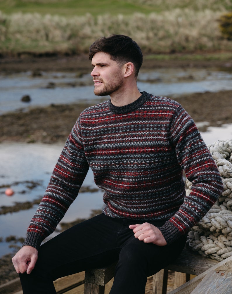 mens fair isle jumper sweater in mid grey with patterns in dark reds and sage green