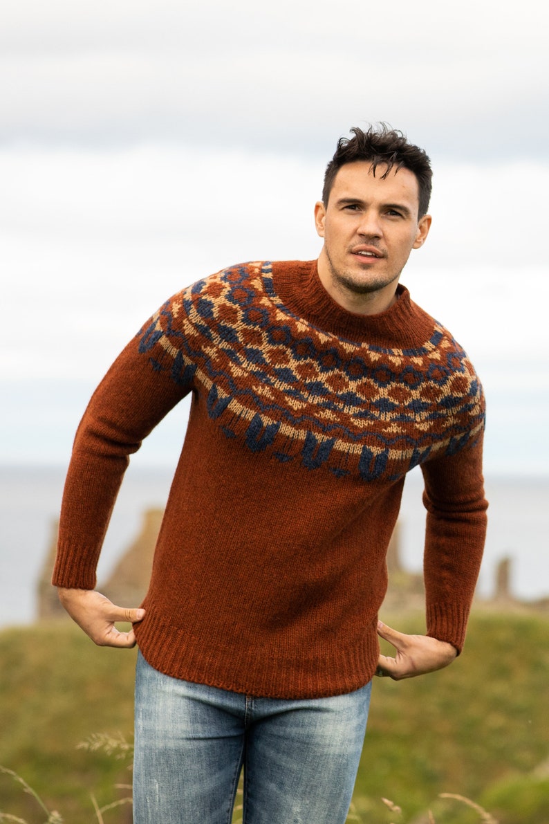5 kleuren. Mens Fair isle jumper yoke blue navy rust brown Etsy