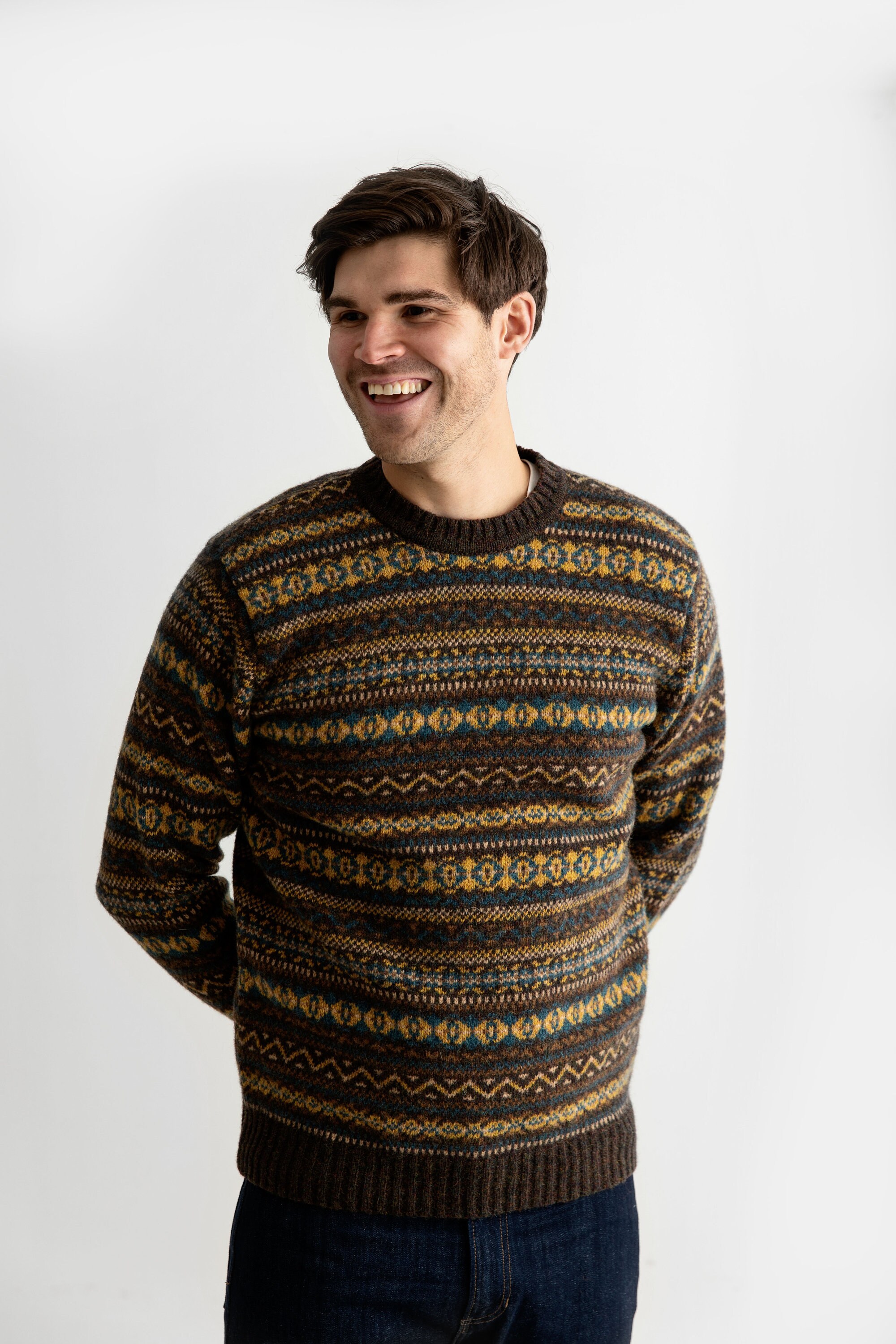 Image of 4 Colours Available. Mens Fair Isle Crew Neck Jumper Sweater. Brown, Beige, Blue, Orange. Shetland Character Wool. "Kinnaird" Pattern
