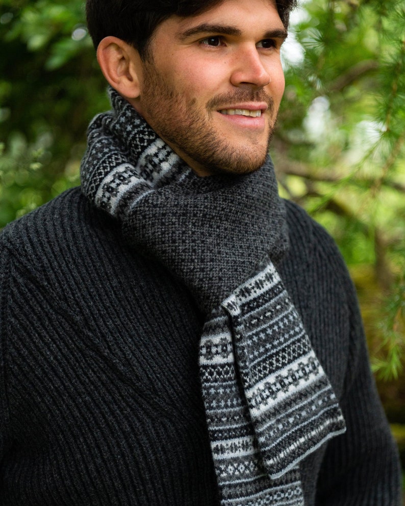 Man wearing mono-chrome fair isle scarf in shades of charcoal and grey