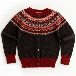 Brown wool fair isle cardigan with russet red and  beige patterns around the yoke