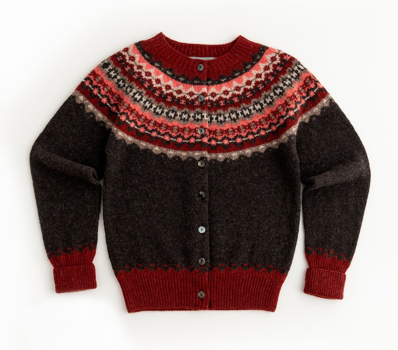 Brown wool fair isle cardigan with russet red and  beige patterns around the yoke