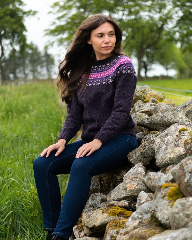 9 colours. Womens Fair isle jumper sweater wool Red, Aqua, Rust, Purple, Grey, Navy, Blue, Orange Ladies Croft yoke pullover. scottish Purple