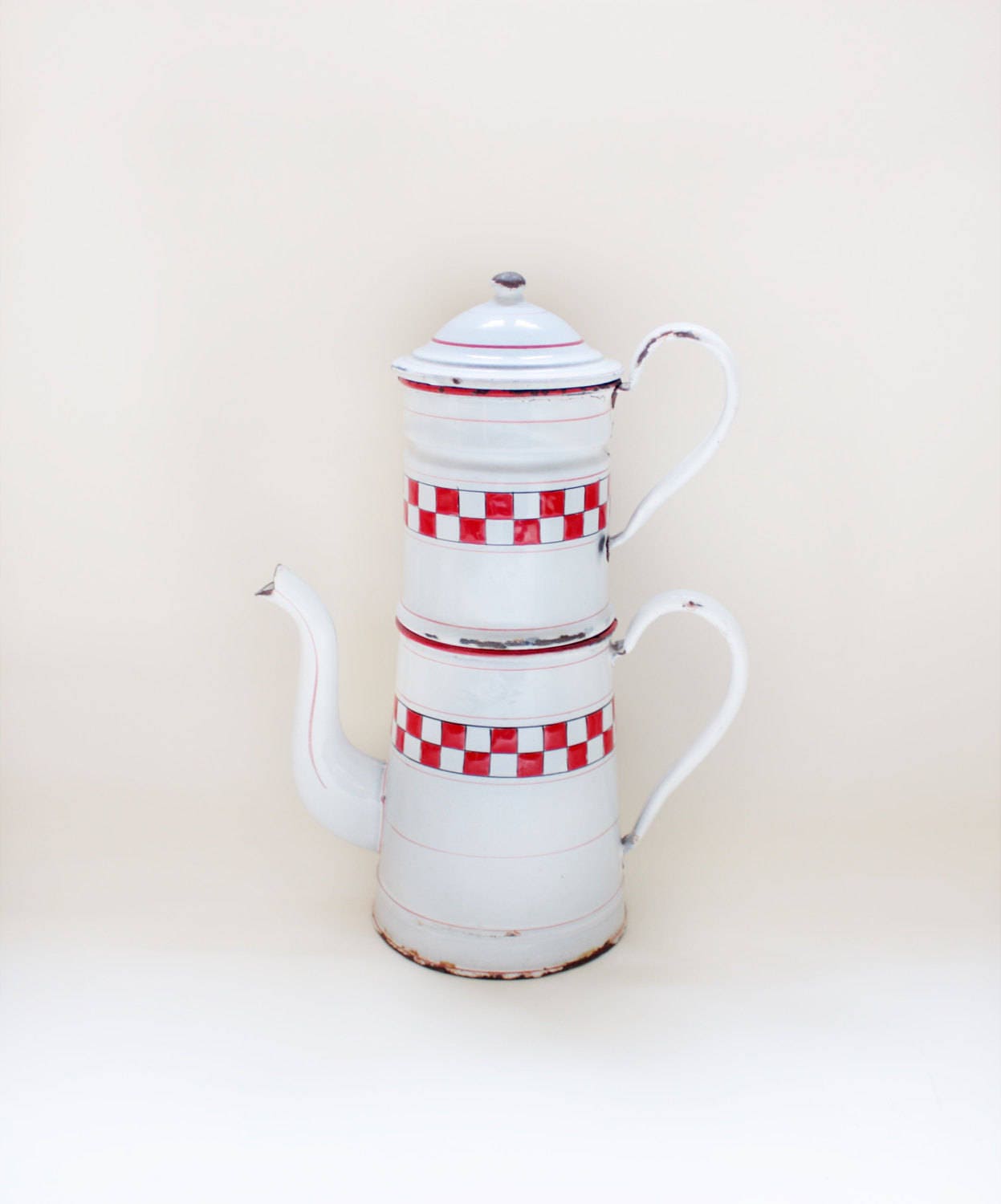 Antique White Émail Two Tier Biggin Cafetière With Red Checked Bands, Stripes, Pitcher, Vase, Jug, C