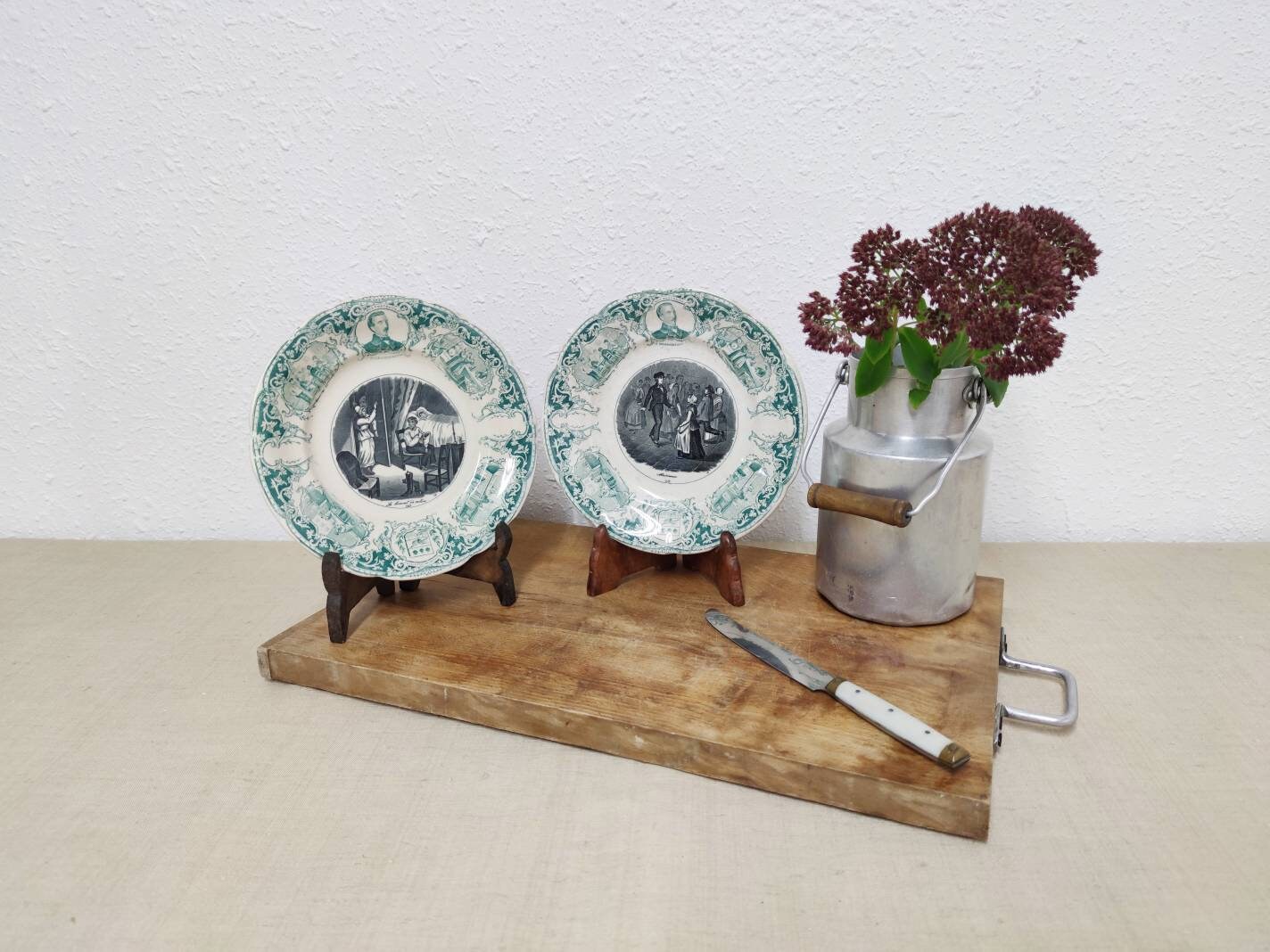 Paire d'français Plaques de Transfert Vertes Sarreguemines, Représentant Les Chansons d'alexandre De