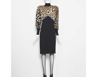 Sukienka Vintage LEONARD Paris: dzianinowa wełniana z nadrukiem w panterkę z lat 80.