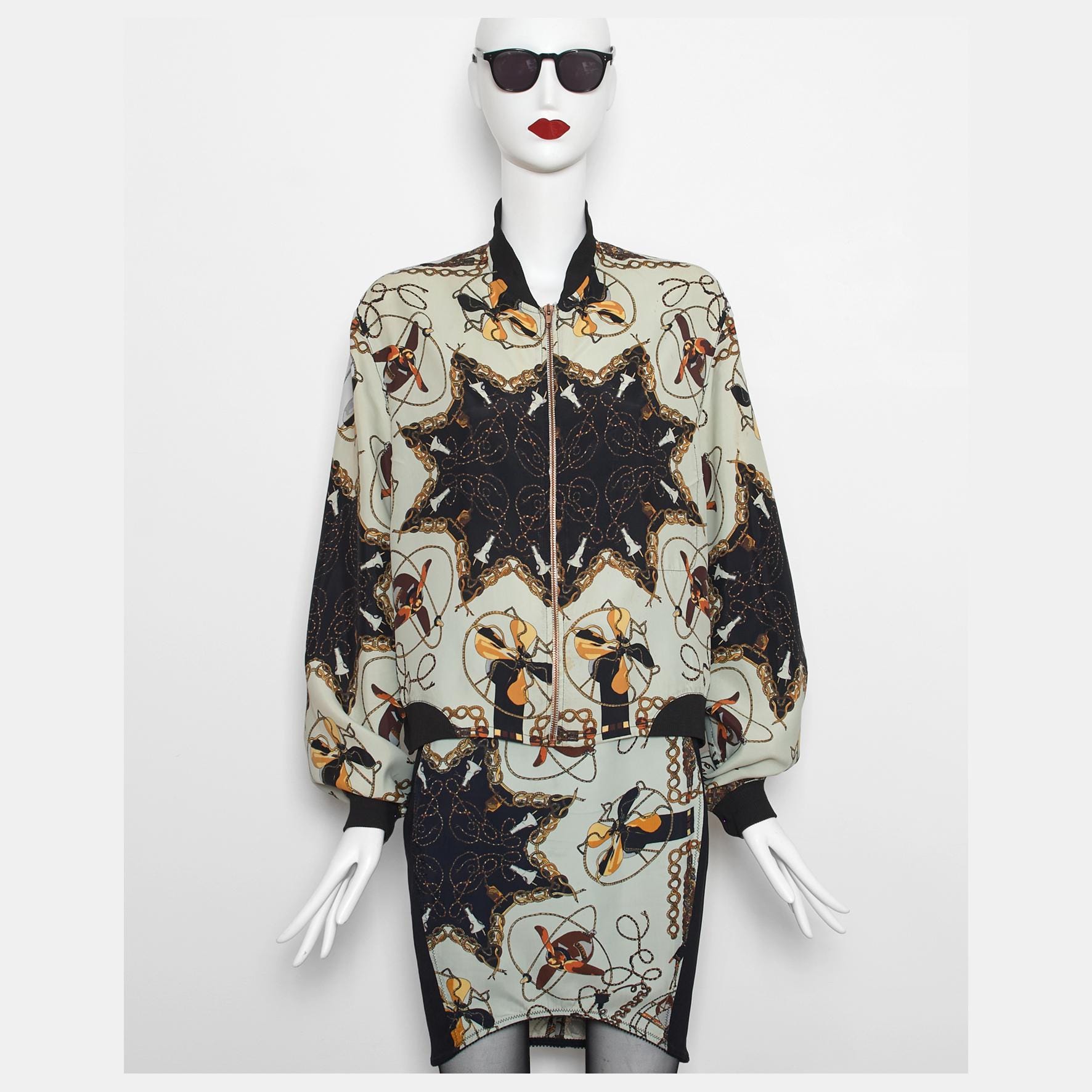 Vintage 1988 Jean Paul Gaultier Fan Print Bomber Jacket & Skirt 