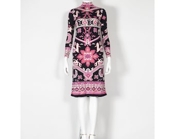 Vintage 1960s LEONARD Paris Silk Dress: Aztec Art Deco Print