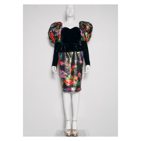 Superbe brocart de soie vintage des années 1980 floral LEONARD, robe cocktail bustier paris