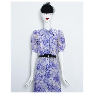 Stunning 1976 runway lilac floral silk YVES SAINT LAURENT ruffled pussy-bow day dress