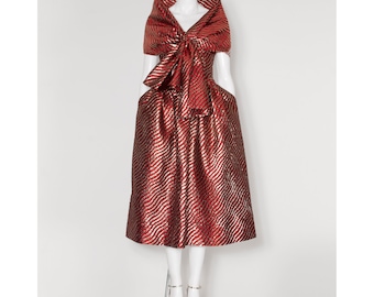 Stunning 1970s red and gold lurex silk LANVIN cocktail dress and matching wrap