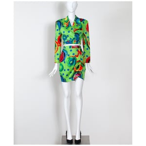 Stunning vintage 1991 acid green pop art cropped Gianni Versace runway tulip skirt suit