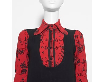 Superbe mini-robe rouge et noire vintage des années 1970 OSSIE CLARK avec Celia Birtwell imprimée