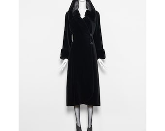 Vintage 70s KENZO Black Velvet Faux Fur Trimmed Opera Coat