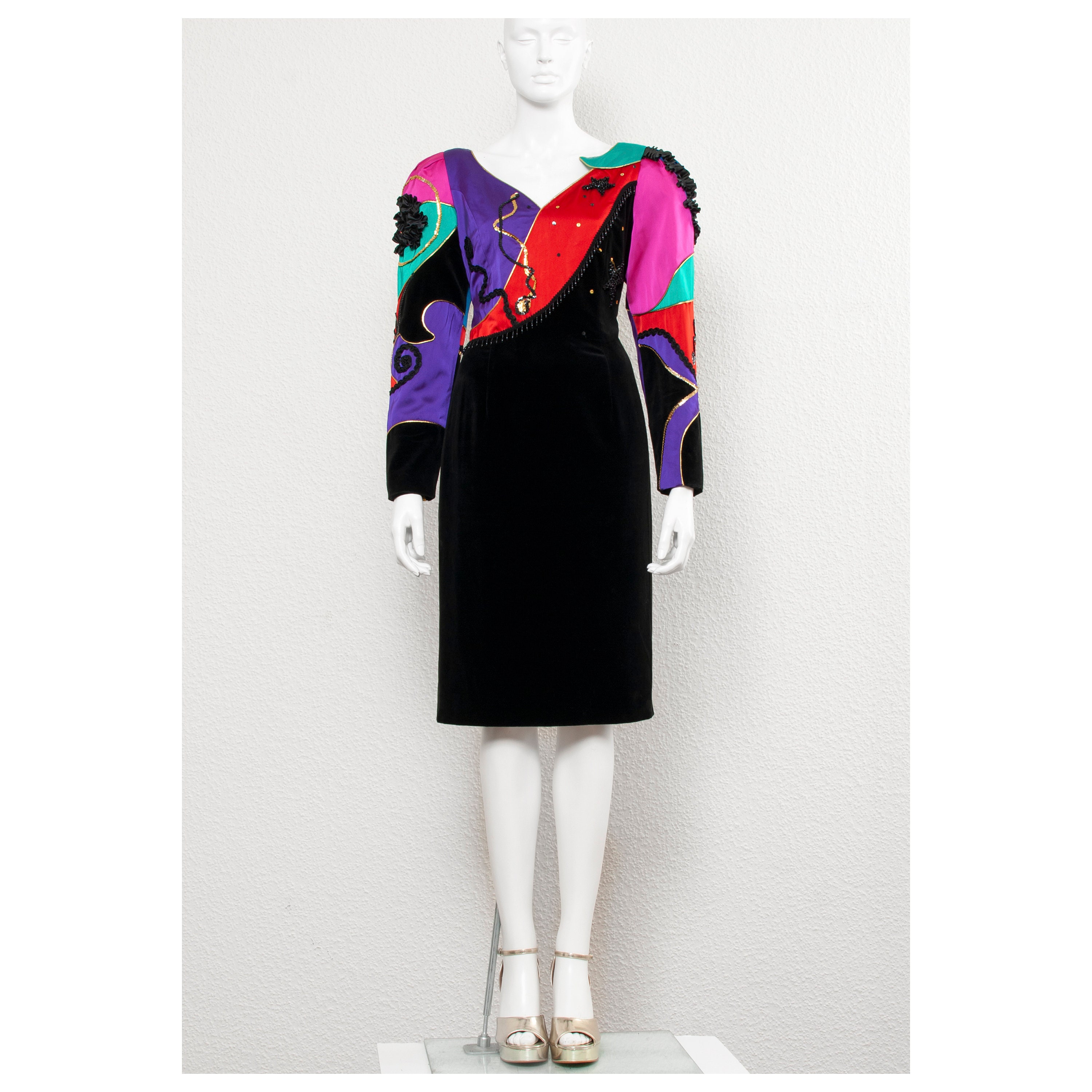 Vintage 80s LOUIS FERAUD Black Velvet Cocktail Dress: Satin Circus Applique, Size M