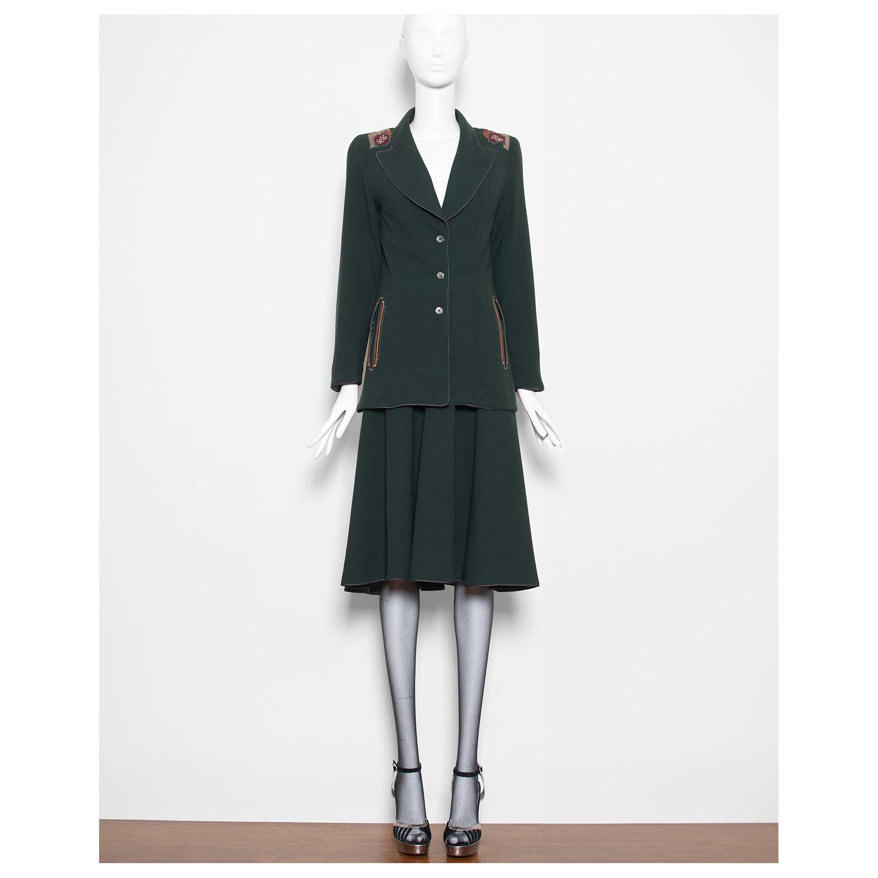 Signature vintage 1970-1974 green crepe Art Deco patchwork JANICE WAINWRIGHT tailored skirt suit