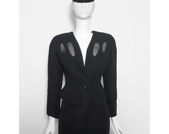 Iconic vintage  1997 black goddess THIERRY MUGLER insect mesh panel skirt suit