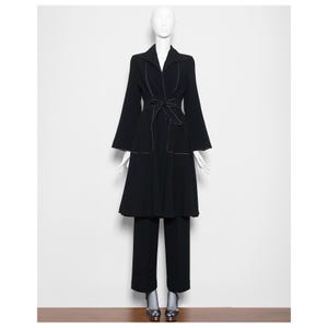Signature vintage early 1970s black wool crepe JANICE WAINWRIGHT silver piping tailored pant suit