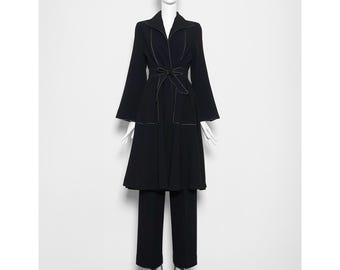 Signature vintage early 1970s black wool crepe JANICE WAINWRIGHT silver piping tailored pant suit
